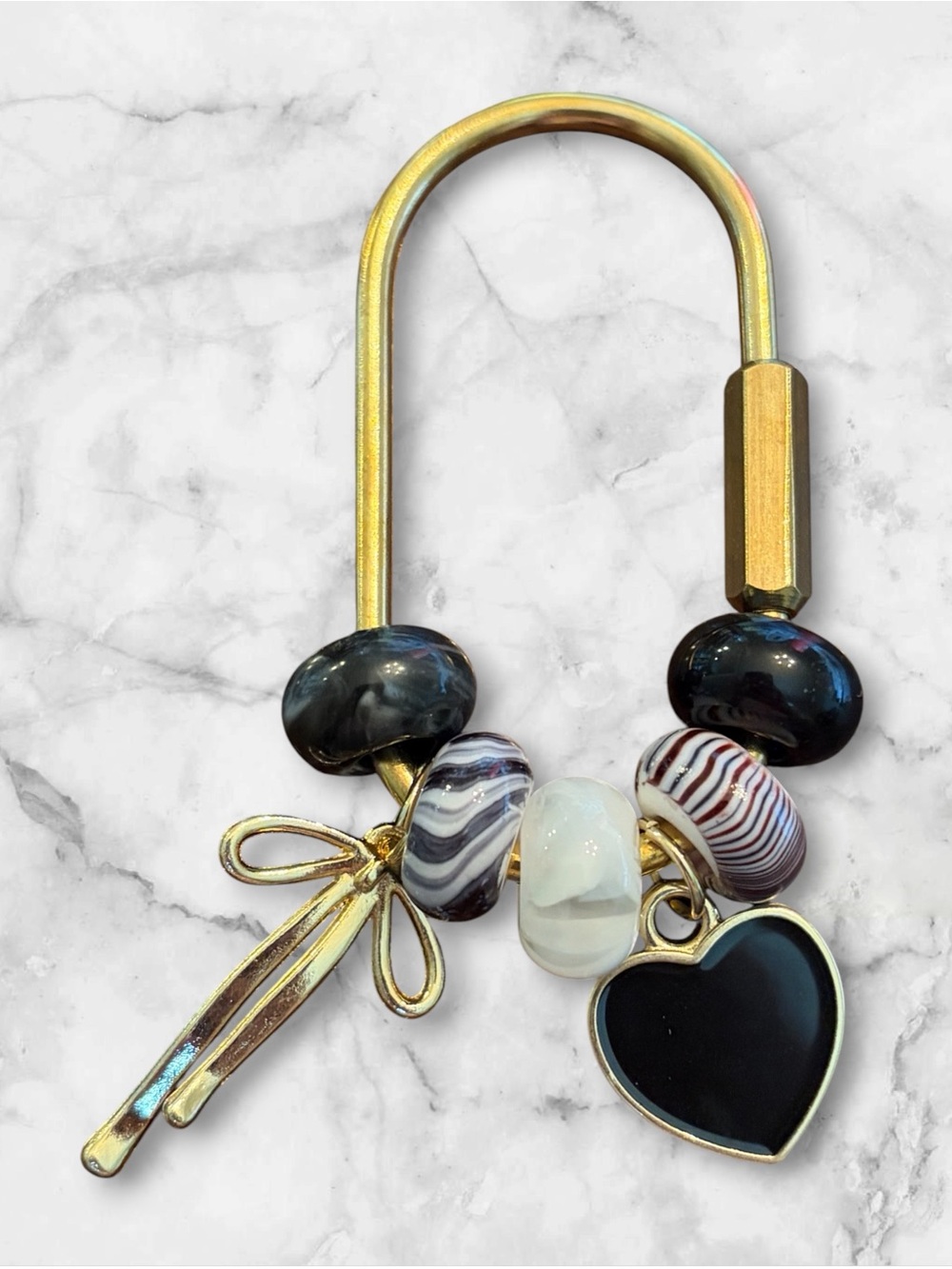 Gold Keyring with Black Heart Charm and Glass Beads